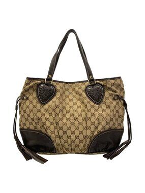 Gucci Tote Bag GG Pattern Beige Dark Brown Leather